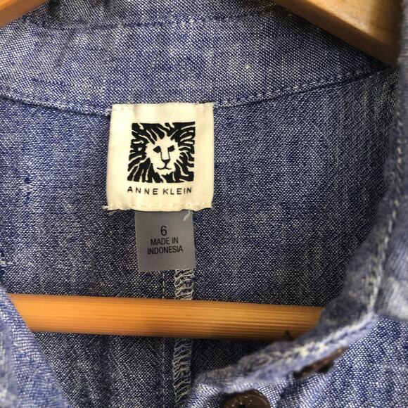 Anne Klein Linen Blend Button Front Collared Shirt Dress Blue 6 Coastal Preppy - Picture 4 of 10